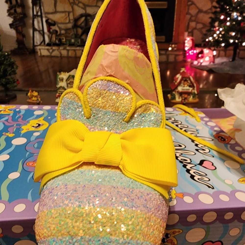 Irregular Choice Multicolor Pastel Glitter Heels with Yellow Bow